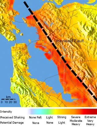 USGS map showing the shaking intensities expected for a hypothetical scenario earthquake (magnitude 6.7) on the southern Hayward Fault.