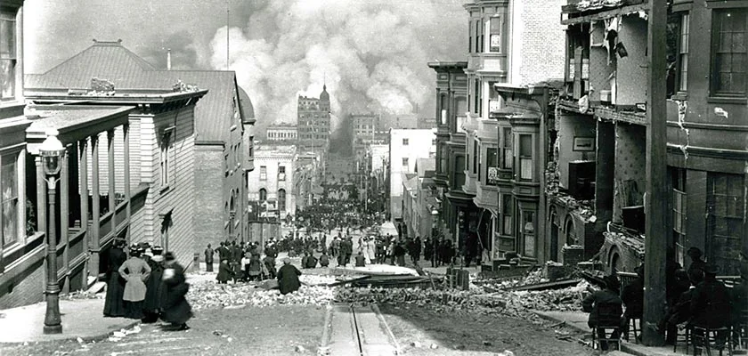 Looking down Sacramento Street towards the bay after the San Francisco earthquake of 1906