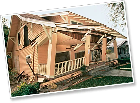 Photo of earthquake damaged house that slid off the foundation during the 1994 Northridge Earthquake