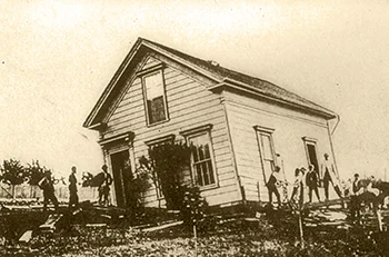 Photo of earthquake damage after the Hayward earthquake, October 21, 1868.